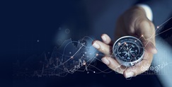 Business navigate recovery, Abstract, The compass navigate for businessmen to resume business growth in the economic crisis, Rethink, Reinvent and Recover